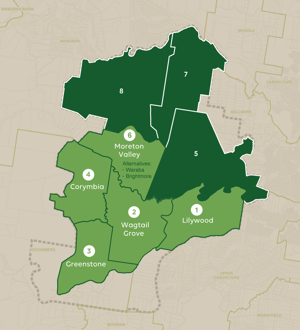 Map of potential future suburbs labelled with their recommended names.